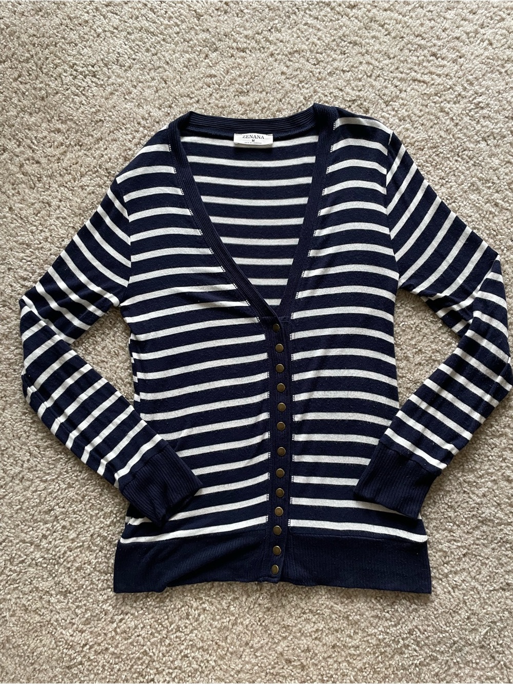 Zenana Outfitters Navy and White Striped Button Cardigan